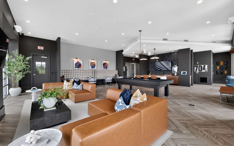a clubroom with couches and a pool table