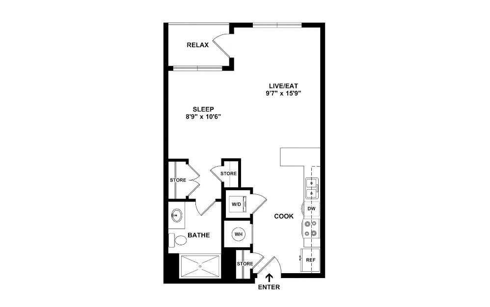 Studio B - Studio floorplan layout with 1 bathroom and 545 square feet (2D)