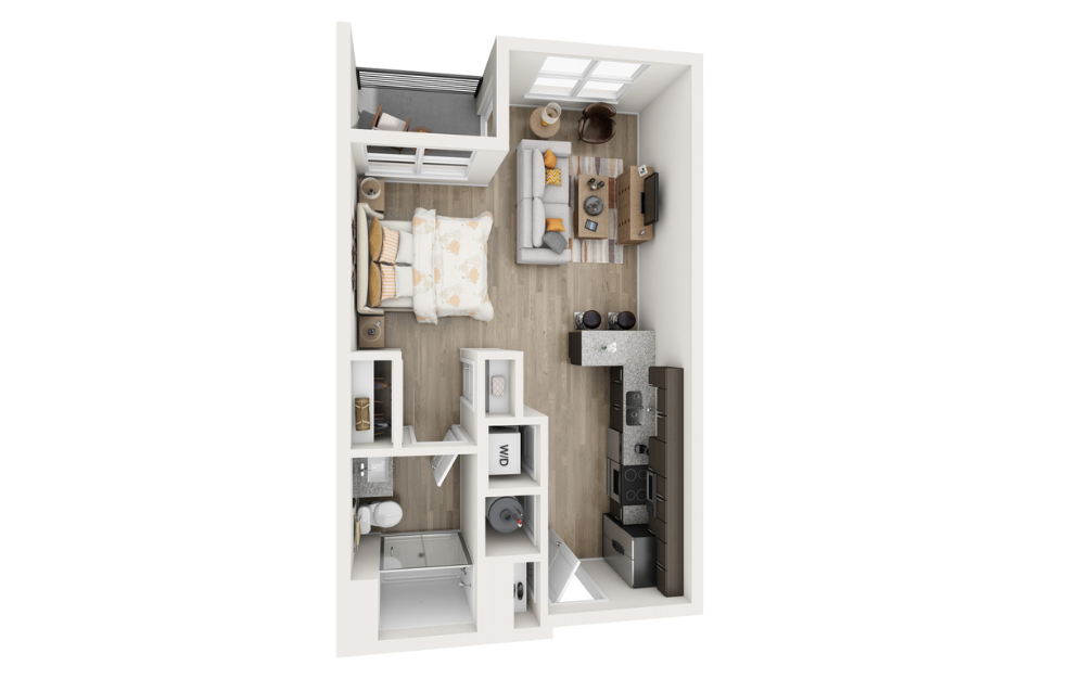Studio B - Studio floorplan layout with 1 bathroom and 545 square feet (3D)