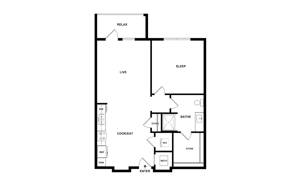 Plaza - 1 bedroom floorplan layout with 1 bathroom and 669 square feet (2D)