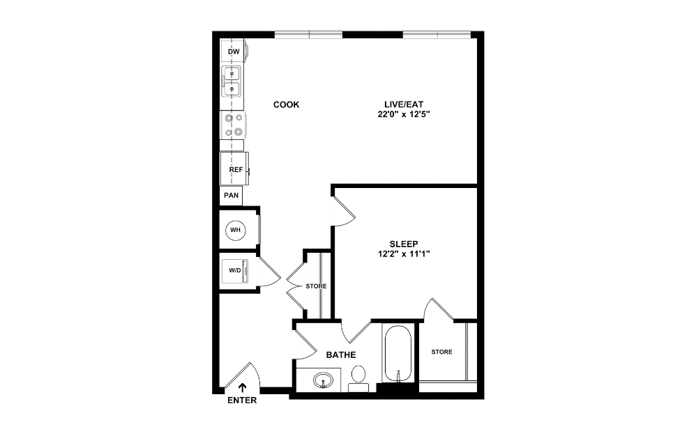 One B - 1 bedroom floorplan layout with 1 bathroom and 698 square feet (2D)