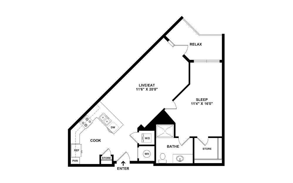 One C - 1 bedroom floorplan layout with 1 bathroom and 725 square feet (2D)