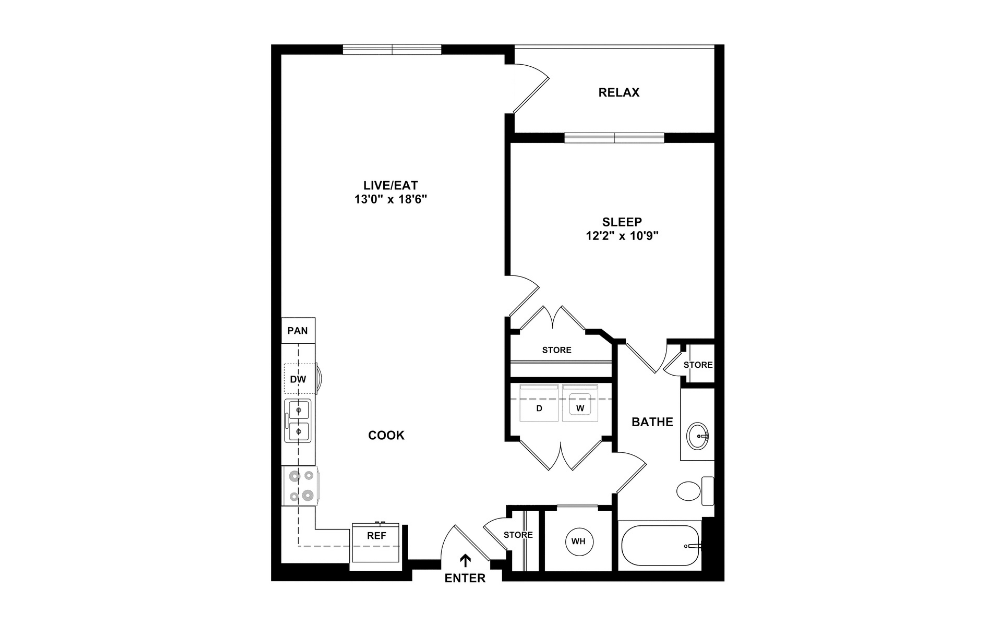 One D - 1 bedroom floorplan layout with 1 bathroom and 740 square feet (2D)