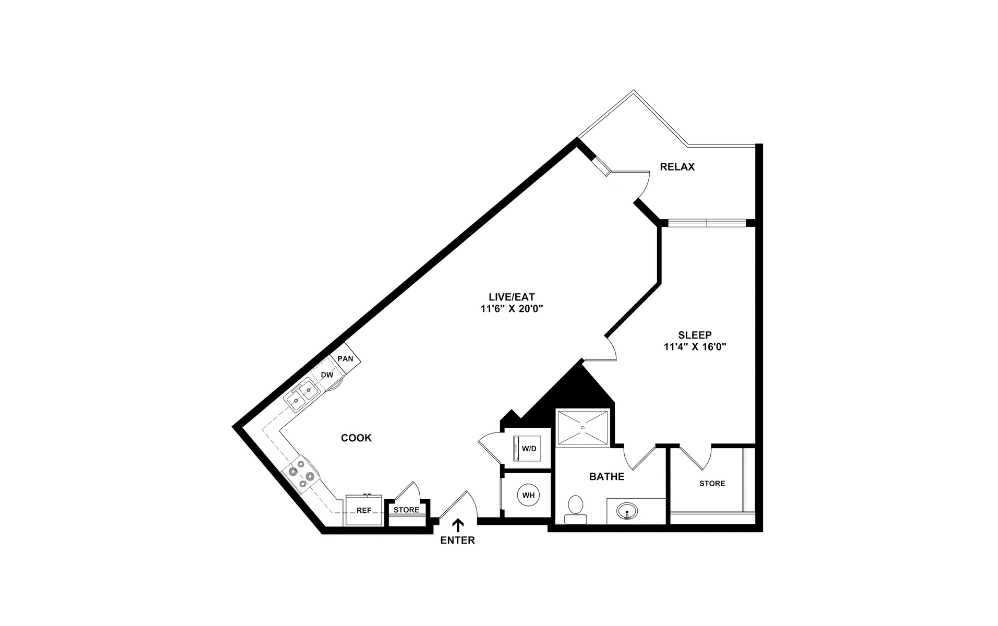 One E - 1 bedroom floorplan layout with 1 bathroom and 776 square feet (2D)