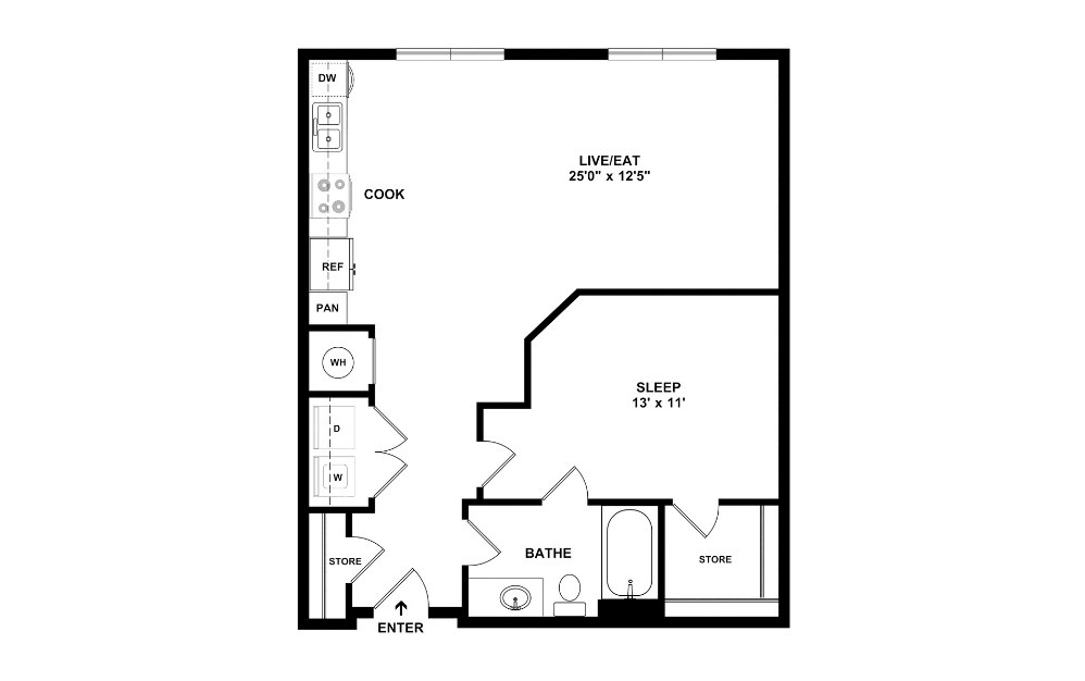 One F - 1 bedroom floorplan layout with 1 bathroom and 803 square feet (2D)