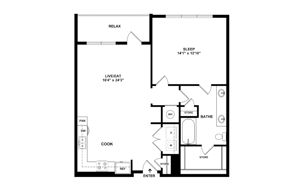 One G - 1 bedroom floorplan layout with 1 bathroom and 836 square feet (2D)