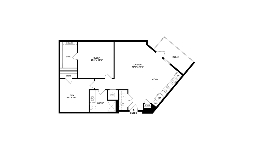 One I - 1 bedroom floorplan layout with 1 bathroom and 950 square feet (2D)