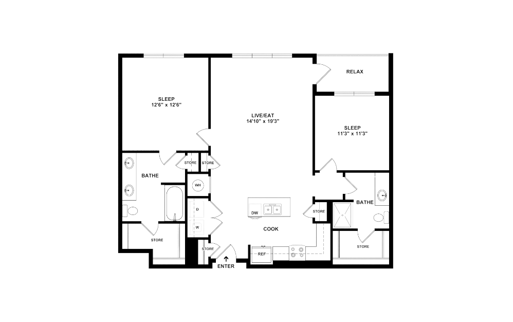 Two B - 2 bedroom floorplan layout with 2 bathrooms and 1178 square feet (2D)