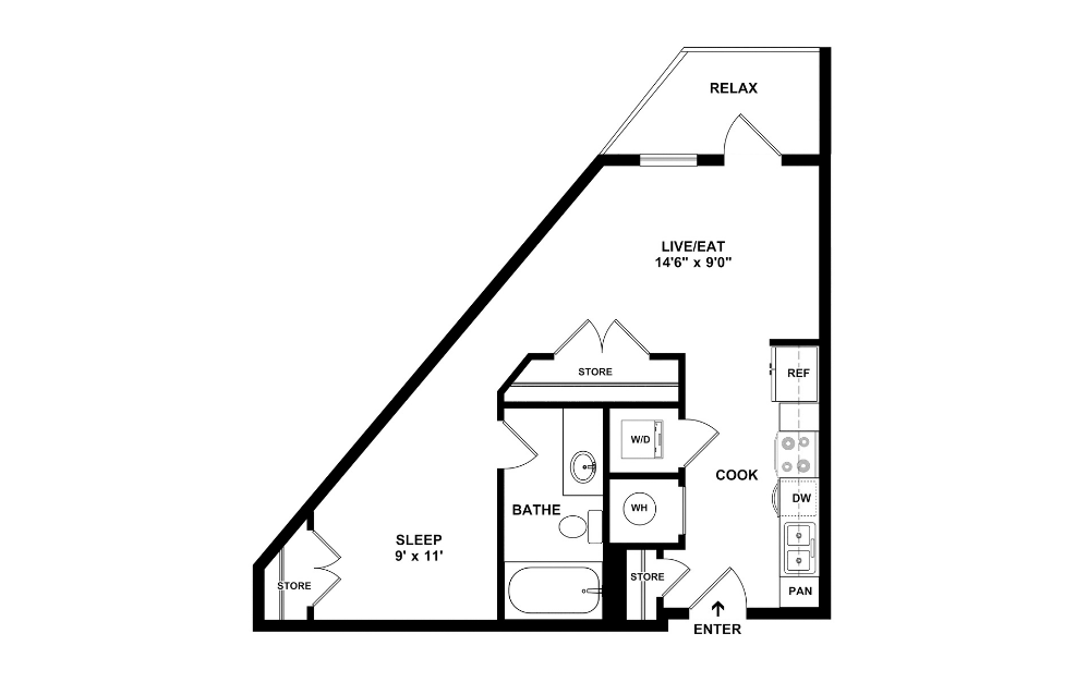 Studio A - Studio floorplan layout with 1 bathroom and 500 square feet (2D)