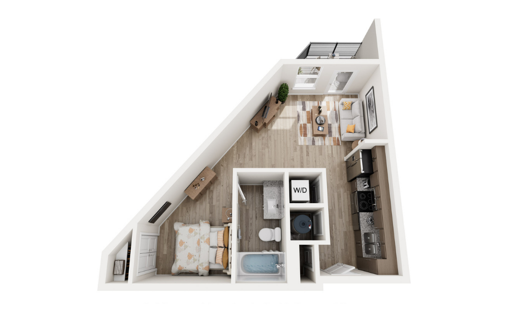 Studio A - Studio floorplan layout with 1 bathroom and 500 square feet (3D)