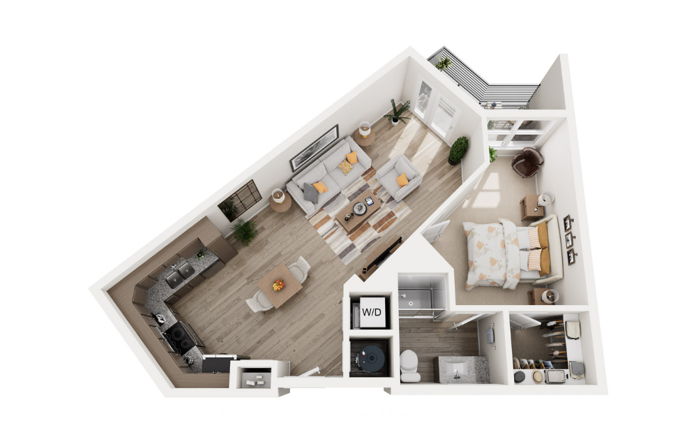 One E - 1 bedroom floorplan layout with 1 bathroom and 776 square feet (3D)