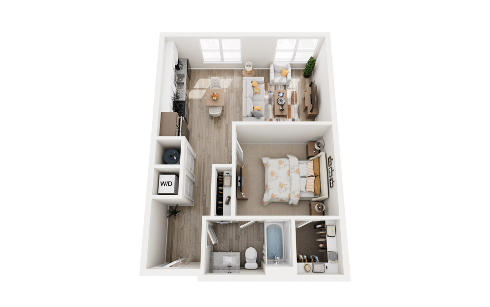 One B - 1 bedroom floorplan layout with 1 bathroom and 698 square feet (3D)