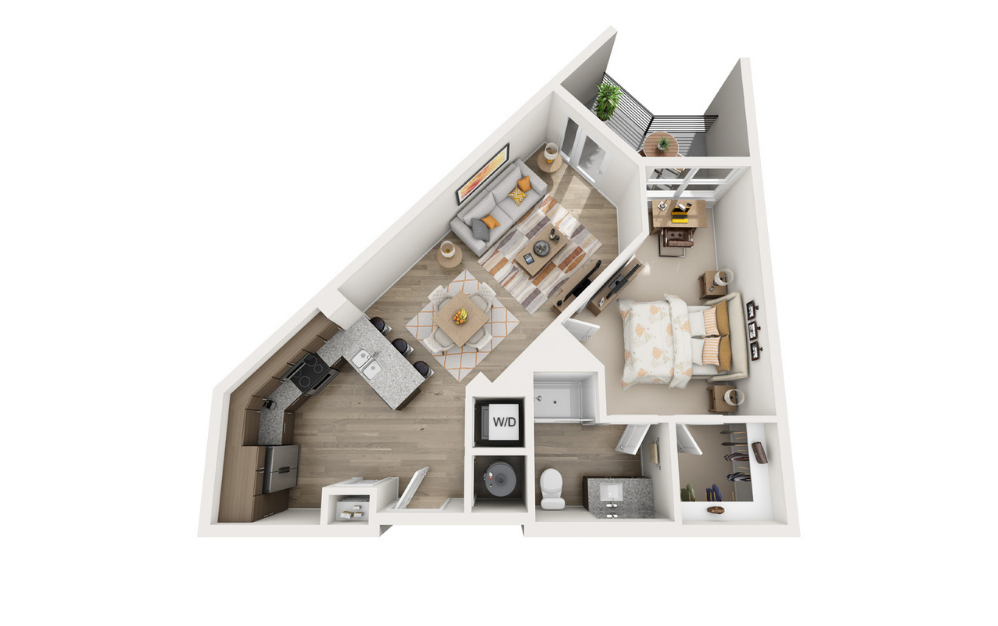 One C - 1 bedroom floorplan layout with 1 bathroom and 725 square feet (3D)
