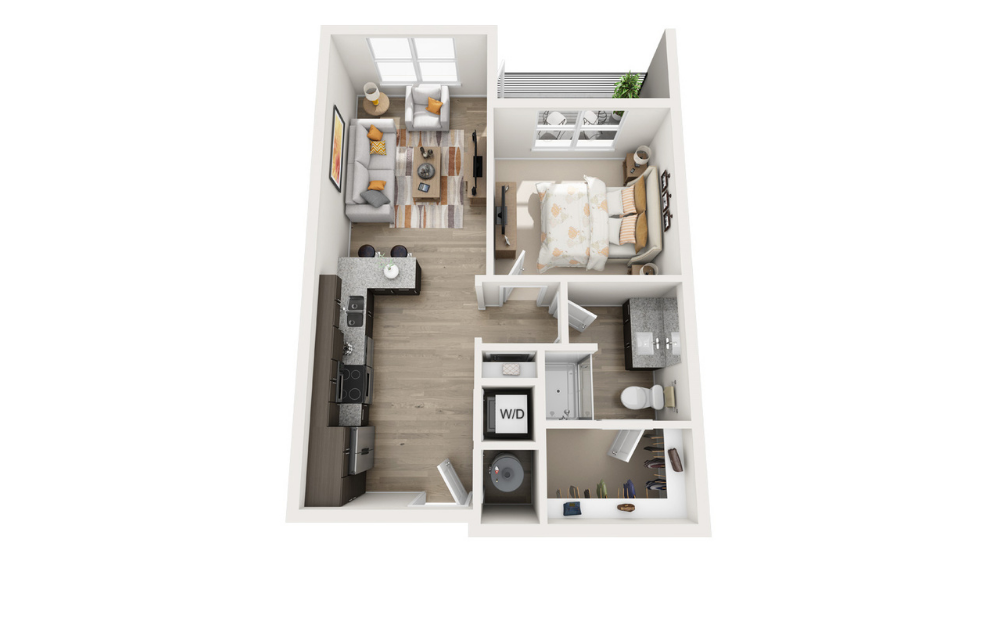 One A - 1 bedroom floorplan layout with 1 bathroom and 638 square feet (3D)