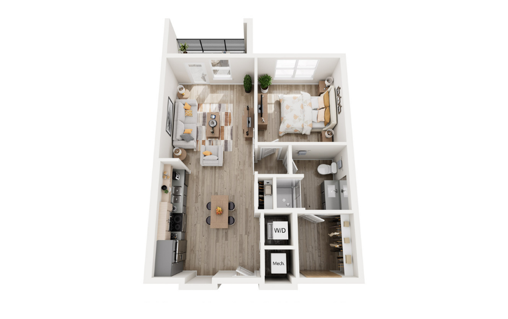 Plaza - 1 bedroom floorplan layout with 1 bathroom and 669 square feet (3D)