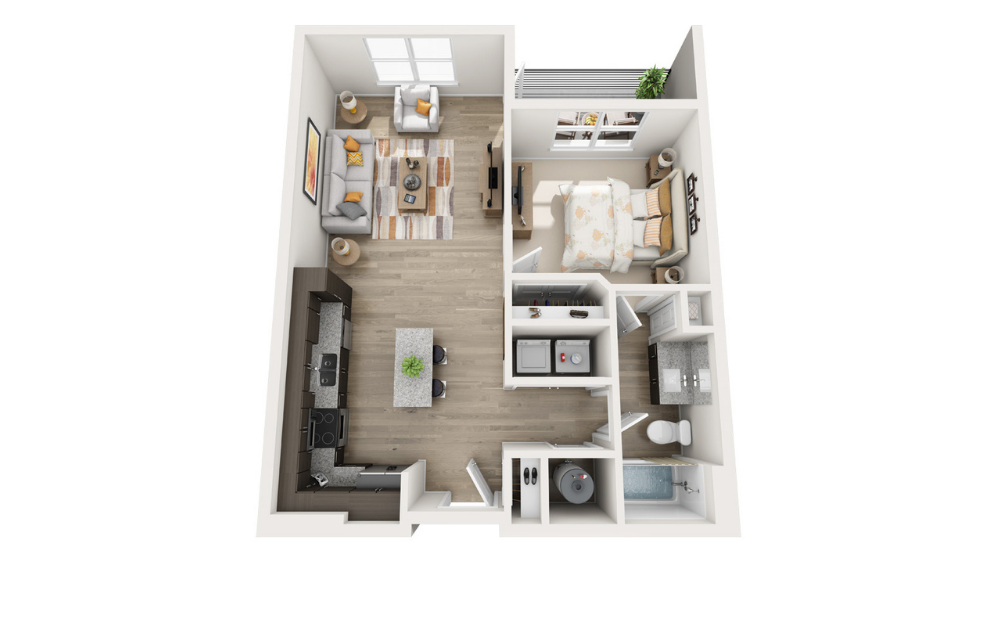One D - 1 bedroom floorplan layout with 1 bathroom and 740 square feet (3D)